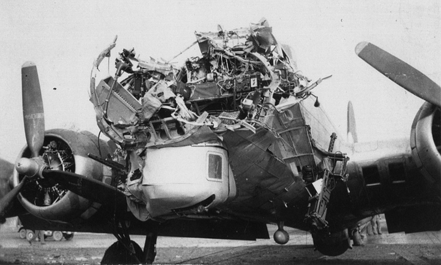Front View of DeLancey crippled B-17 at Nuthampstead October 15, 1944 